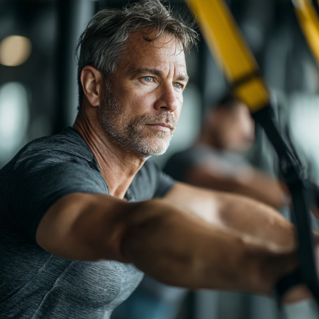 Smiling elderly European man in athletic wear demonstrating strength exercises in a modern gym