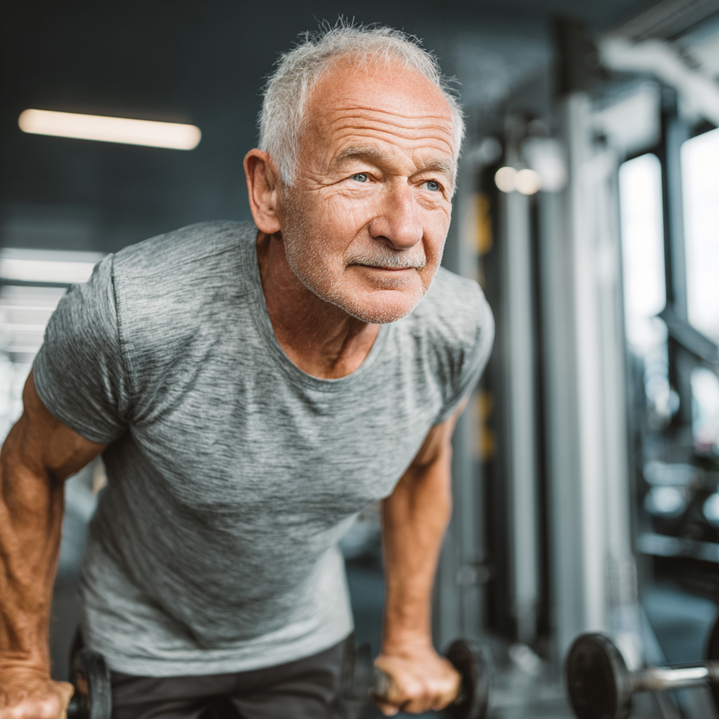 Confident elderly European man doing morning stretches outdoors with sunrise in background