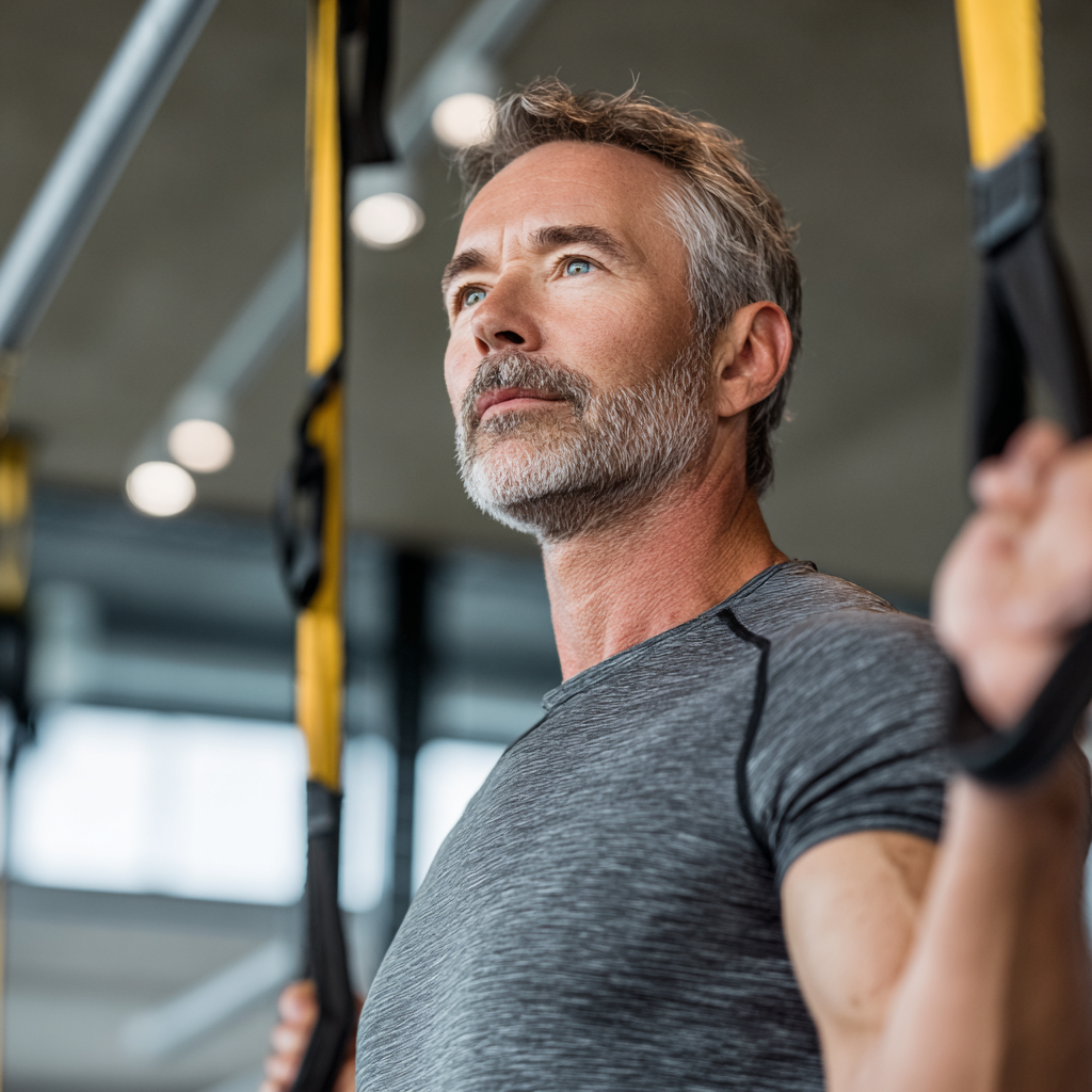 Happy elderly European man reading fitness newsletter on tablet while sitting in comfortable chair